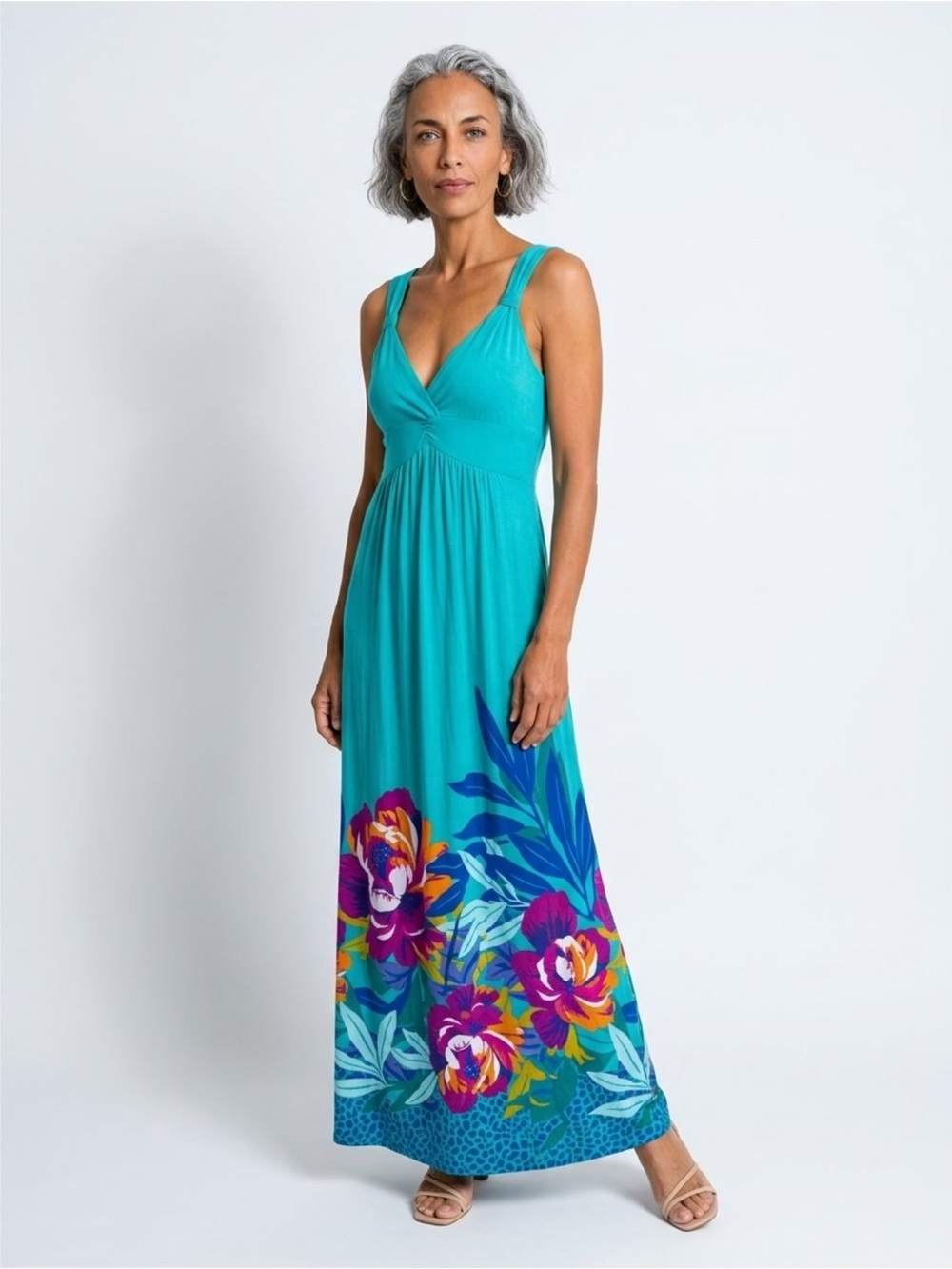 Spense Teal Floral-Trim Sleeveless Maxi Dress